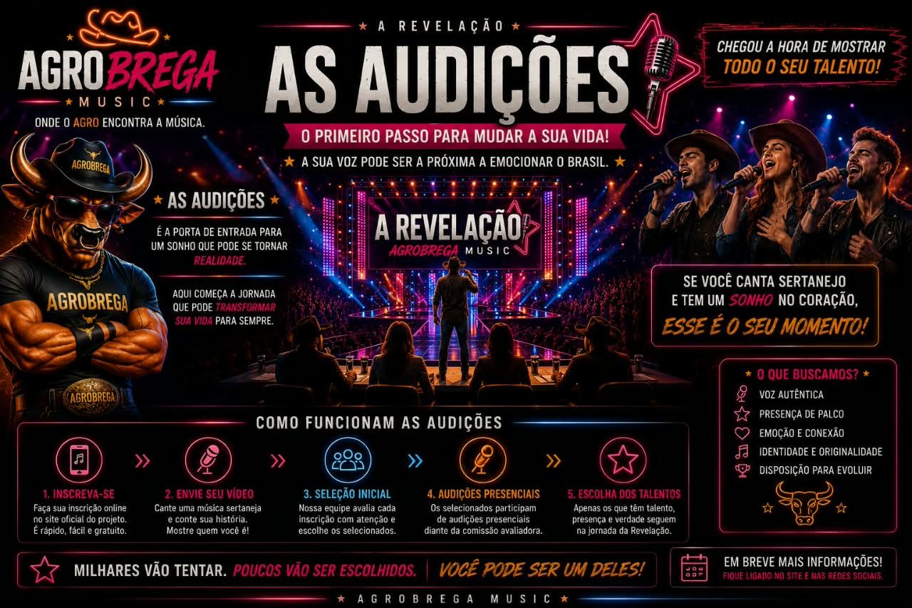 Banner das audições de A Revelação: candidatos cantando diante da comissão avaliadora e as cinco etapas, da inscrição à escolha dos talentos.