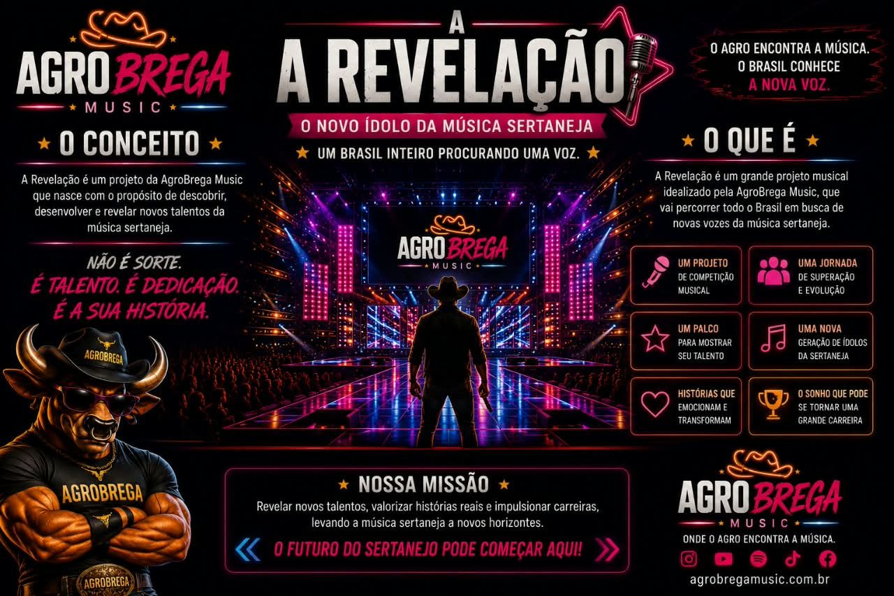 Banner do conceito de A Revelação: um cantor de costas diante da plateia, com os seis pilares do projeto e a missão de revelar novos talentos.