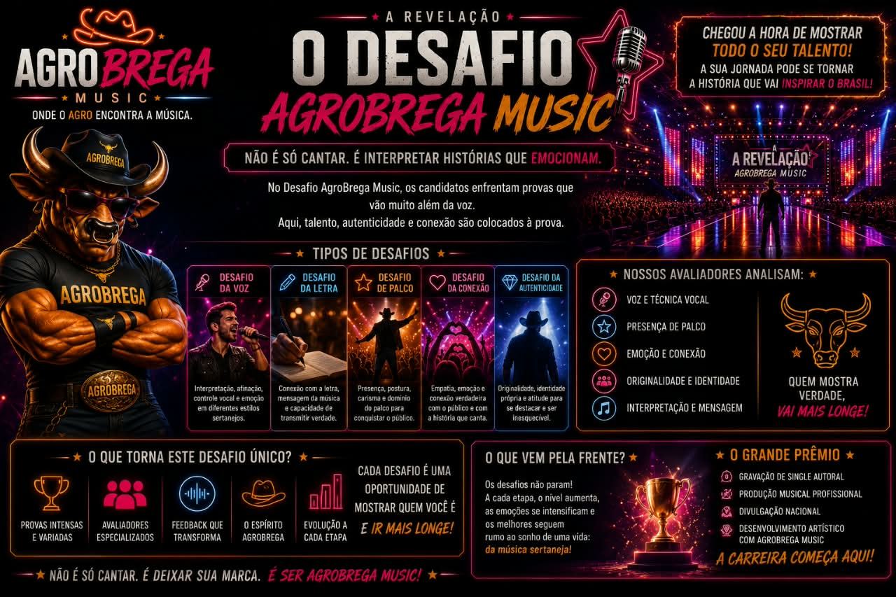 Banner do Desafio AgroBrega Music: os cinco tipos de prova — voz, letra, palco, conexão e autenticidade — e o que os avaliadores analisam.