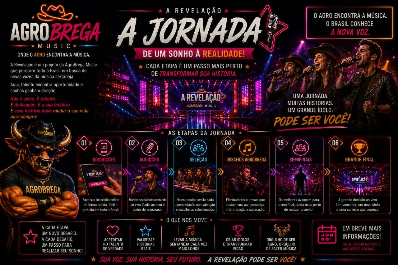 Banner da jornada de A Revelação: as seis etapas do projeto, das inscrições à grande final, cada uma com a sua imagem de palco.