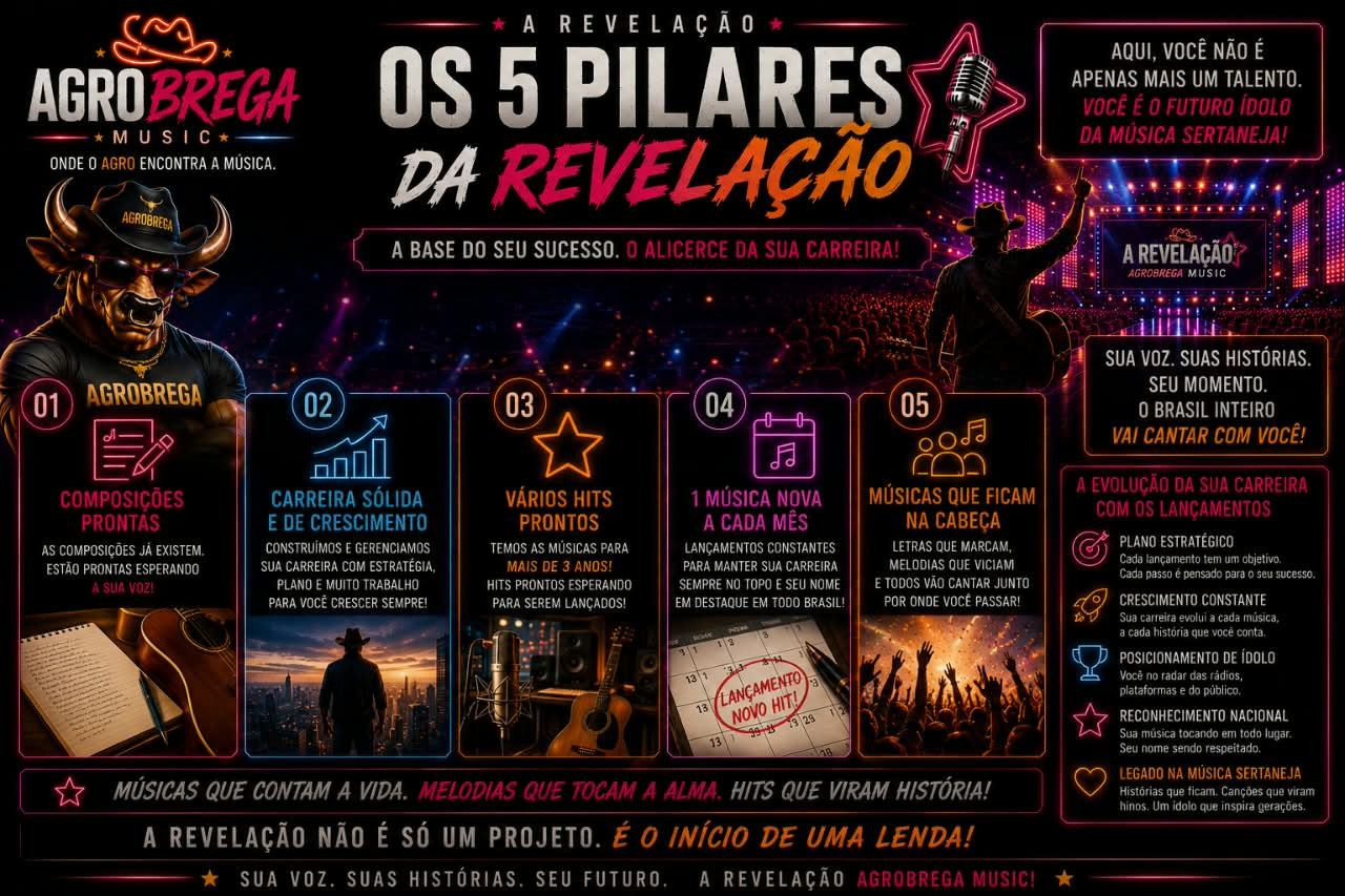 Banner dos cinco pilares de A Revelação: composições prontas, carreira sólida, hits prontos, uma música nova a cada mês e músicas que ficam na cabeça.