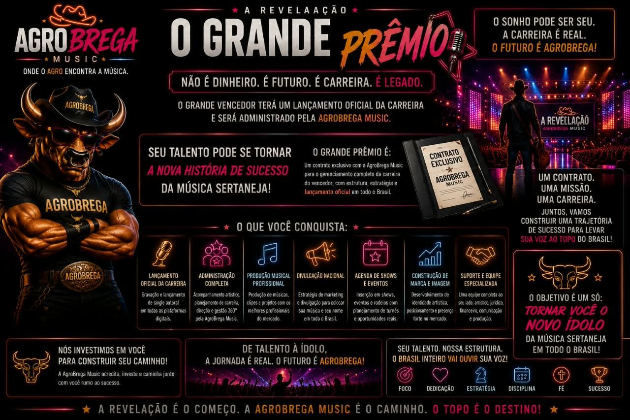 Banner do grande prêmio de A Revelação: o contrato exclusivo com o AgroBrega Music e as sete frentes de trabalho que o vencedor conquista.